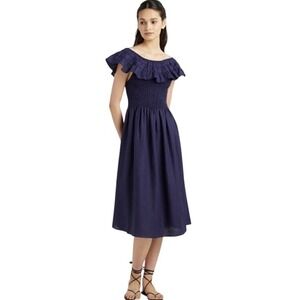 Hill House Home The Nap Dress Navy Blue Linen‎ Ruffle Smocked Midi Dress L